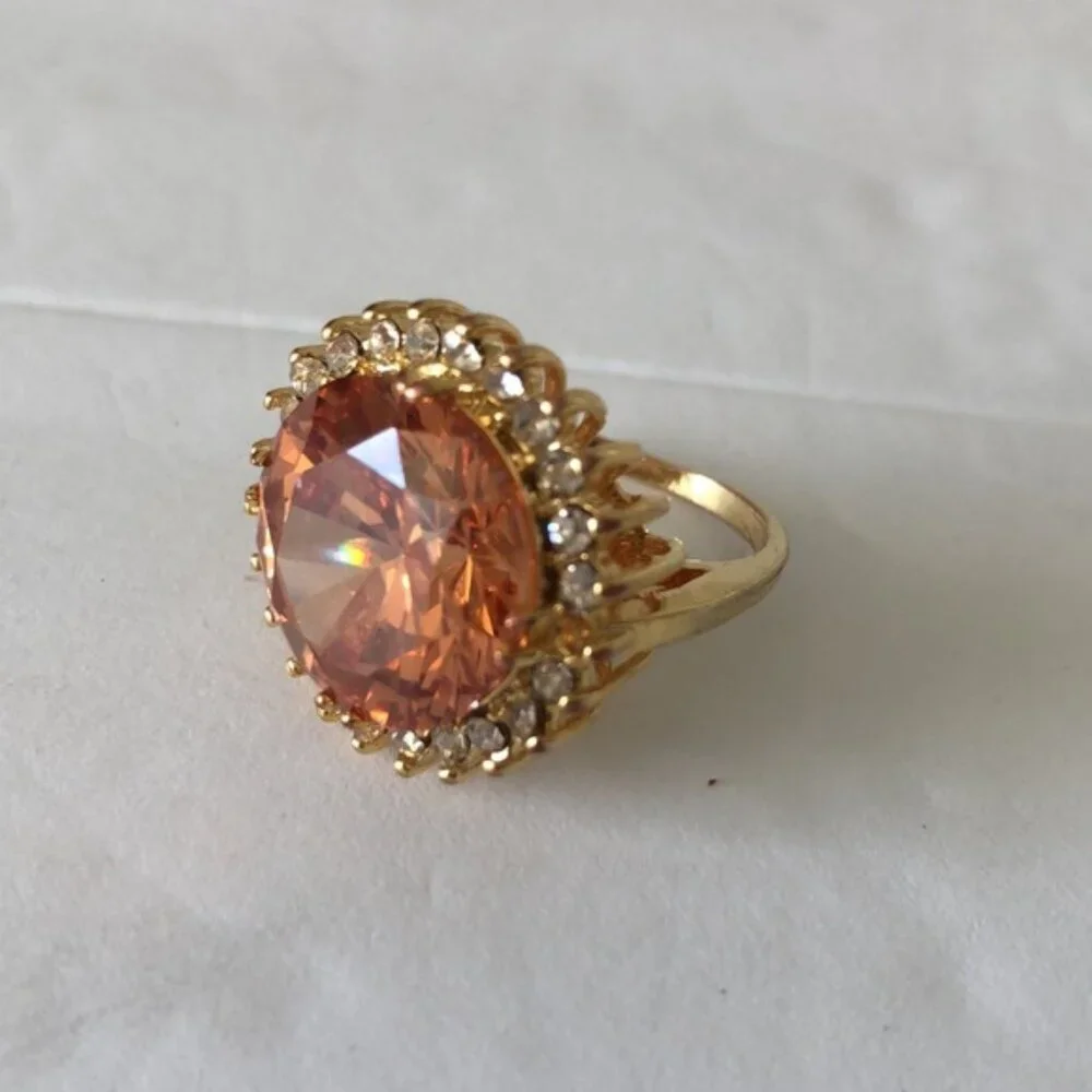 Cocktail Ring Gold Plated w Round Champagne Stone & Surround CZ Stones Sz.7.25